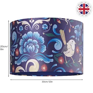 Vivid Floral Midnight Blue Satin Fabric 12 Drum Lamp Shade with Bird Decoration