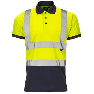 Hi Viz Two Tone Short Sleeve Bird Eye Polo Shirt- Yellow/ Navy - Medium