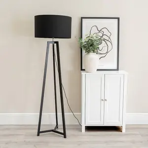 ValueLights Lottie Black Wood Tripod Floor Lamp with Black Drum Shade - LED Bulb Included