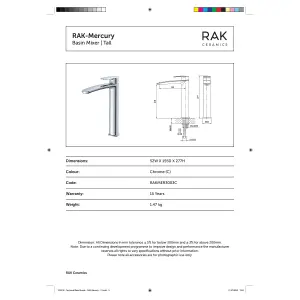 RAK Mercury Tall Polished Chrome Modern Basin Tap Solid Brass