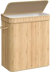 SONGMICS Bamboo Laundry Basket, Large Hamper with Lid, Machine Washable Basket, Handles, for Bedroom, Washroom, Natural