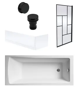 Square Single Ended Bath, Panels, Black Abstract Screen, Black Waste-1700x700mm