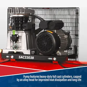 Sealey Air Compressor 200L Belt Drive 3hp with Cast Cylinders SAC2203B