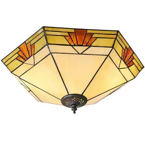 Tiffany Glass Semi Flush Ceiling Light Cream & Red Inverted Hex Shade i00058