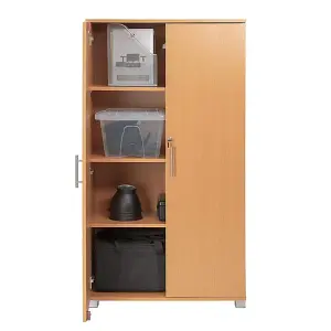 Beech Wooden 2 Door Lockable Storage Cabinet - 140 cm Tall Shoe Garage Storage, Filing Cabinet, Office Storage Cupboard 3 Shelves