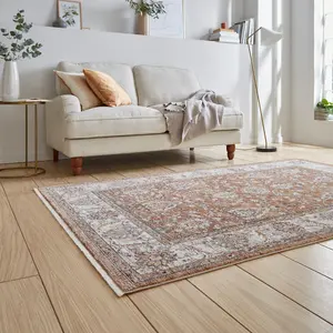 Brown Terracotta Traditional Bordered Floral 10mm Thick Stain-Resistant Rug For Bedroom, & Dining Room-80cm X 300cm