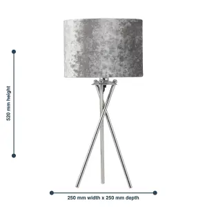 First Choice Lighting Set of 2 Chrome Tripod Table Lamps with Grey Crushed Velvet Shades