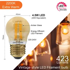 paul russells LED Filament Dimmable Golf Bulb, ES E27, 4.5W 423 Lumens, 40w Equivalent, 2200K Extra Warm White, Pack of 6