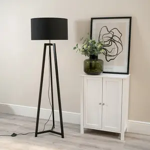 ValueLights Lottie Black Wood Tripod Floor Lamp with Black/Gold Drum Shade - LED Bulb Included