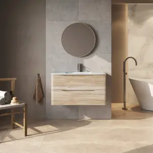 Eden 900mm Wall Hung Vanity Unit in Light Oak & White Glass Basin