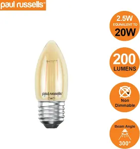 paul russells LED Filament Candle Bulb, 2.5W 200 Lumens, 20w Equivalent, 2200K Extra Warm White Amber, Pack of 3