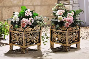 2 x Bronze-Effect Butterfly Planters - Decorative Lightweight Outdoor Garden Patio Square Flower Plant Pots - Each 31x27x27cm