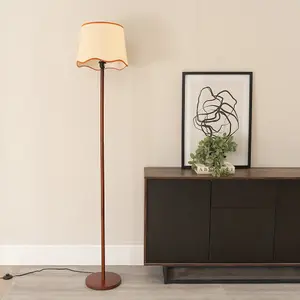 ValueLights Heather Dark Wood Stem Floor Lamp with Scallop Rust Trim Tapered Shade and LED Bulb