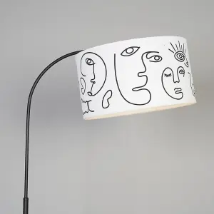 ValueLights Designer Style Black Curved Stem Floor Lamp With White Artistic Portrait Design Shade With 6w LED GLS Bulb Warm White