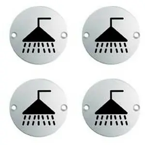 4x Bathroom Door Shower Symbol Sign 64mm Fixing Centres 76mm Dia Satin Steel