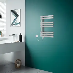 Rinse Bathrooms Designer WiFi Thermostatic Electric Bathroom Heated Towel Rail Radiator with Timer D Shape Tube 800x600mm Chrome