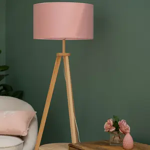 ValueLights Morrigan Light Wood Tripod Design Floor Lamp with Storage Shelf & Pink Drum Shade - Includes 6w LED Bulb 3000K