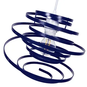 Contemporary Navy Blue Gloss Metal Double Ribbon Spiral Swirl Pendant Shade