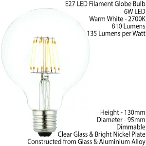 E27 Edison Dimmable LED Filament Light Bulb 6W Warm White Glass 95mm Globe Lamp