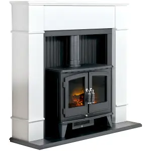 Adam Oxford Stove Fireplace in Pure White with Woodhouse Electric Stove in Black, 48 Inch