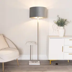 ValueLights Tavel Chrome Floor Lamp with Table and Grey Velvet with Chrome Inner Lamp Shade and Bulb