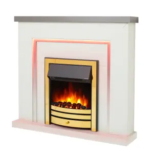 Bempton Electric Fireplace Suite - Grey top, White hearth, Brass fire.