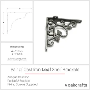 Oakcrafts - Pair of Cast Iron Leaf Design Shelf Brackets - 115mm x 115mm