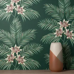 Fine Decor Bali Floral Leaves Dark Green Wallpaper Botanical Flowers Modern