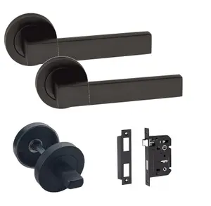 Golden Grace 1 Set of Capri Design Matt Black Finish Door Handle Pack for Bathrooms with Matching Lock, Hinges and Thumbturn