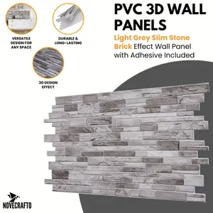 3D Wall Panels with Adhesive Included - Pack of 6 Sheets Covering 29.61 sqft /2.75 sqm -Decorative Natural Grey Stone Slate Design