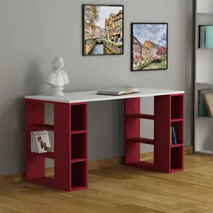 Simone Modern Desk with Built-in Bookcase – Stylish Workspace Desk with 6 Open Shelves White / White