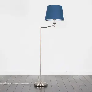 ValueLights Sinatra Adjustable Swing Arm Floor Lamp In Brushed Chrome Finish with Blue Tapered Light Shade with LED GLS Bulb