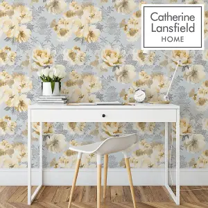 Catherine Lansfield Ochre Floral Pearl Effect Embossed Wallpaper