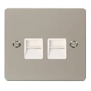 Flat Plate Pearl Nickel Master Telephone Twin Socket - White Trim - SE Home