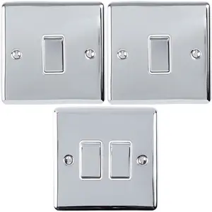 Light Switch Pack - 2x Single & 1x Double Gang - CHROME / White 2 Way 10A