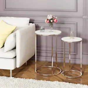 Nesting Table, Set 2 Round Side Table Chrome Glossy End Table For Living Room