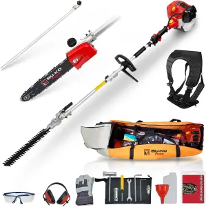 BU-KO 52cc Long Reach Petrol Hedge Trimmer and Pruner Saw with 75cm Extension Pole and Toolbag