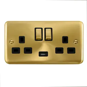 Curved Satin / Brushed Brass 2 Gang 13A DP Ingot 1 USB Twin Double Switched Plug Socket - Black Trim - SE Home