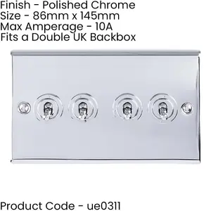 4 Gang Quad Retro Toggle Light Switch POLISHED CHROME 10A 2 Way Lever Plate