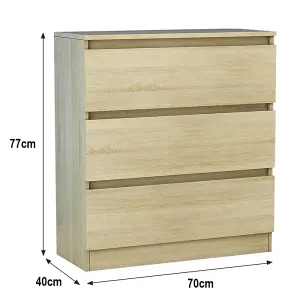 SunDaze Chest of Drawers Storage Bedroom Furniture Cabinet 3 Drawer Oak 70x40x77cm