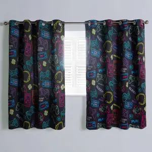 Gaming Eyelet Curtains Pair of Blackout Woven Ring Top Panels, Black - 66" x 72"