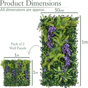 Artificial Living Wall Panels Wisteria Green Plant Foliage Indoor Outdoor 1m x 1m - Purple