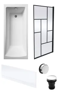 Square Single Ended Bath, Front Panel, Abstract Black Screen, Chrome Waste -1700x700mm