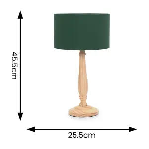 ValueLights Victoria Traditional Light Wood Candlestick Table Lamp with Forest Green Drum Shade - LED Bulb Included