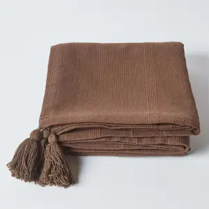 Homescapes Cotton Rajput Ribbed Chocolate Throw, 225 x 255 cm