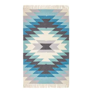 Homescapes Helsinki Handwoven Geometric Pattern Blue Grey and Cream Kilim Wool Rug, 90 x 150 cm