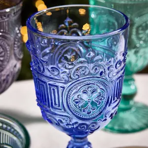 Set of 6 Luxury Blue Embossed Drinking Wine Glass Wine Goblets 300ml