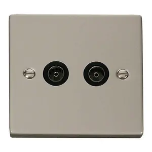 Pearl Nickel 2 Gang Twin Coaxial TV Socket - Black Trim - SE Home