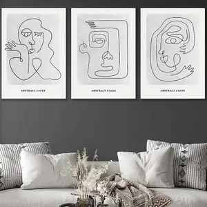 Set of 3 Grey Abstract Line Art Faces Wall Art Prints / 50x70cm / White Frame