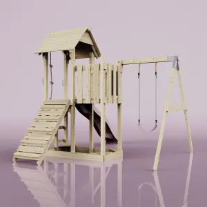 PolarPlay Balcony Tower Kids Wooden Climbing Frame with Swing and Slide - Swing Bjorn Rose